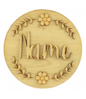 Laser Cut Oak Veneer Circle Plaque Personalised Name With Flower Shapes